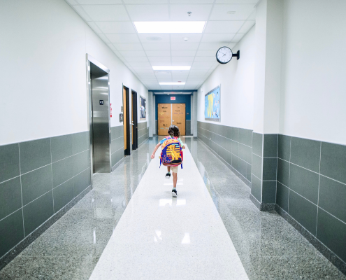 Lights in a school hallway