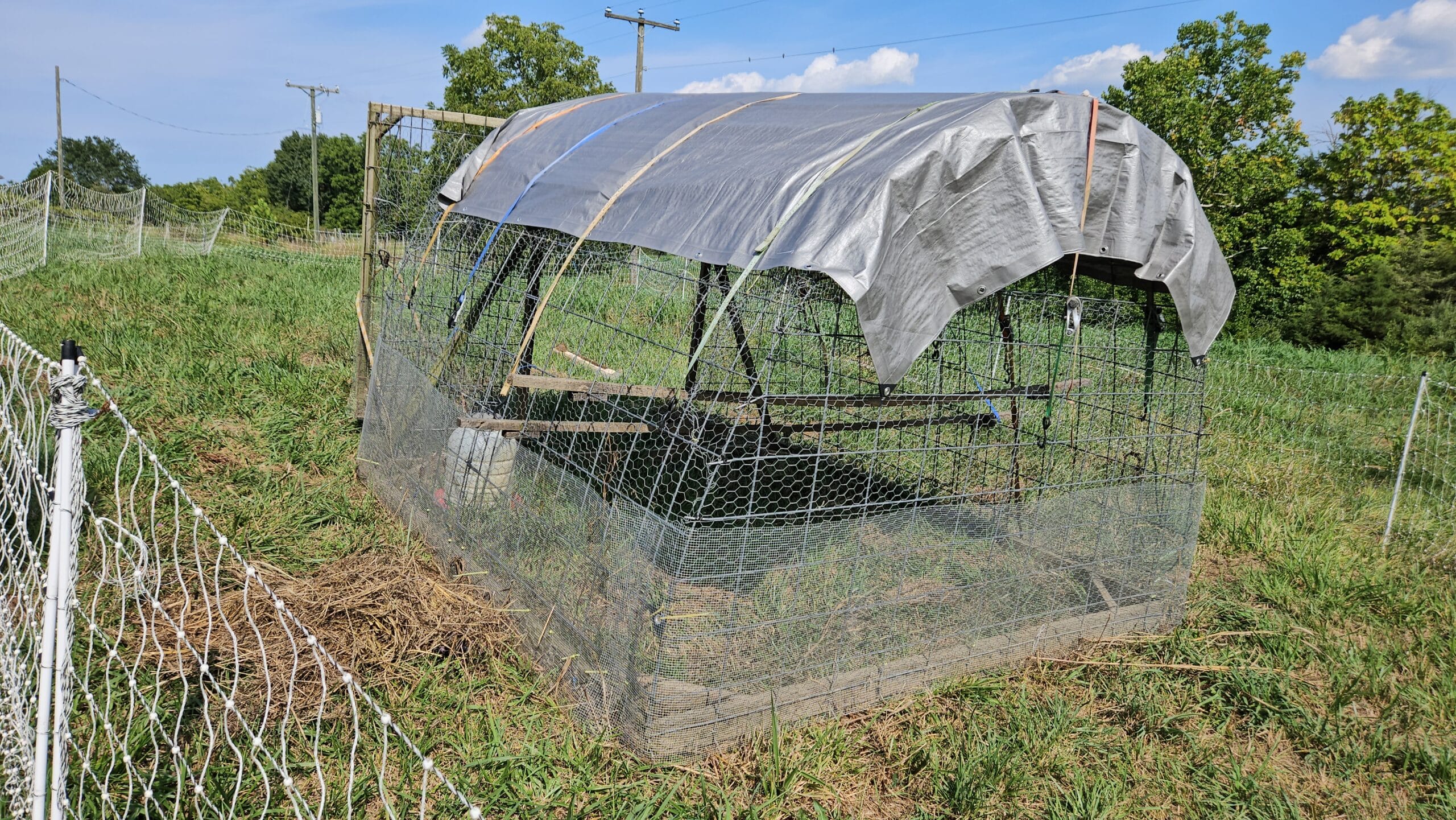 corral para aves de corral al aire libre, construido con paneles de malla metálica y lona