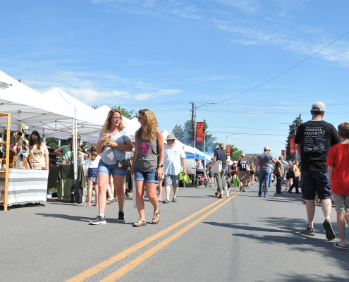 People walk through Helena, Montana's farmers market.