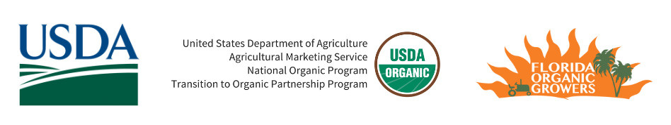 USDA + Armed to Farm logos - 2 USDA, Transition to Organic Partnership Program, and Florida Organic Growers logos