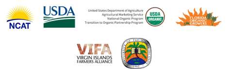 Logos for email footers (7) NCAT, USDA, USDA Organic, Florida Organic Growers, Virgin Islands Farmers Alliance, and University of the Virgin Islands logos