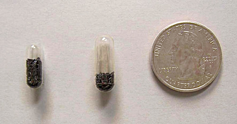 Cápsulas de gelatina, tamaño 3 y tamaño 1, con un contenido de 0,5 g o 500 mg de COWP. Foto: Dra. Joan Burke