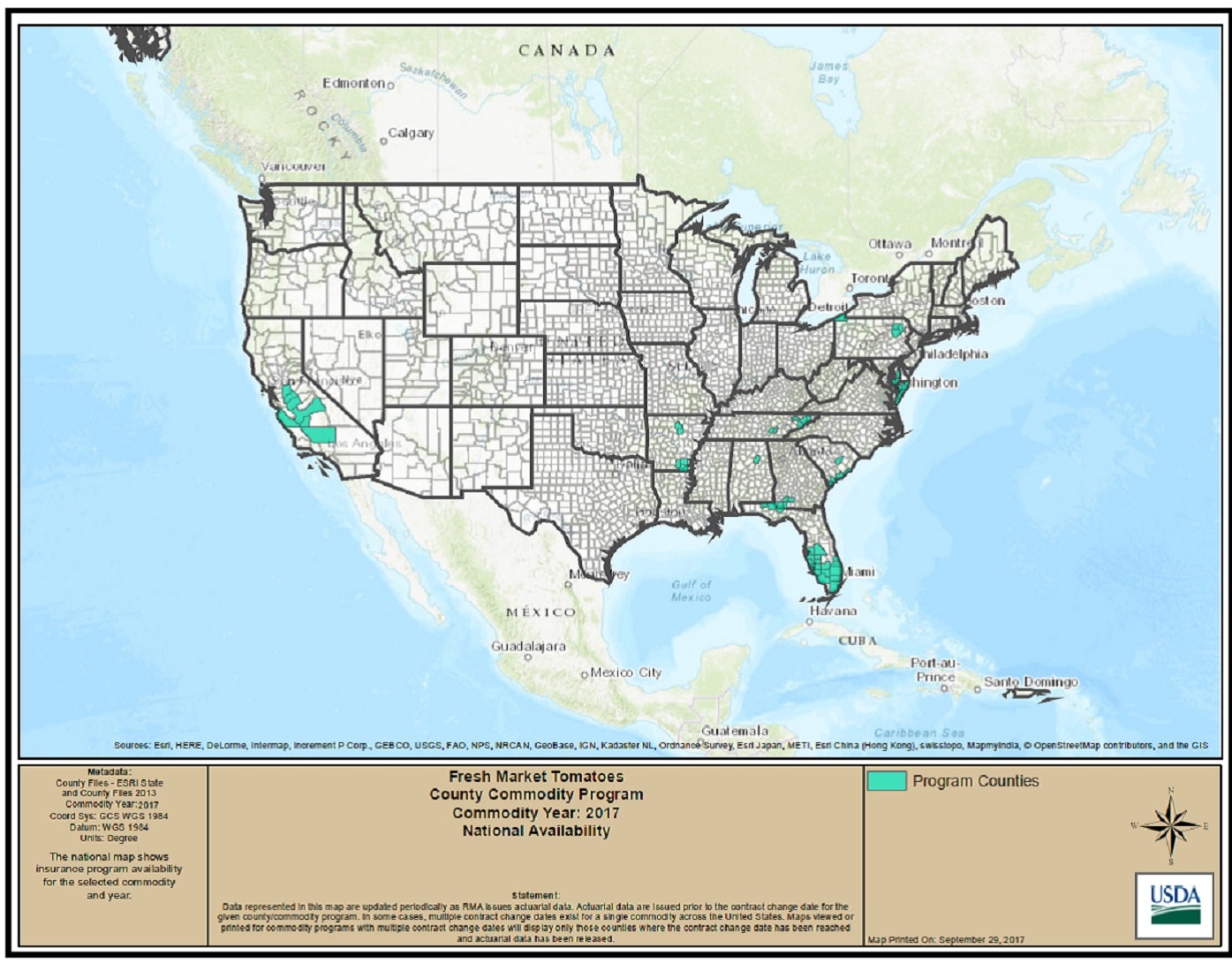 Figure 3: Counties with Fresh-Market Tomato Insurance Policies in 2017
