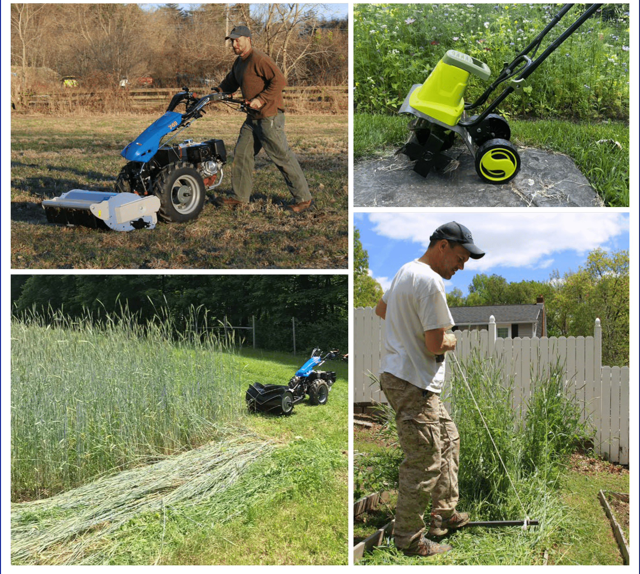 Photos of farm equipment: walk-behind tractor, roller-crimper, electric tiller, crimper