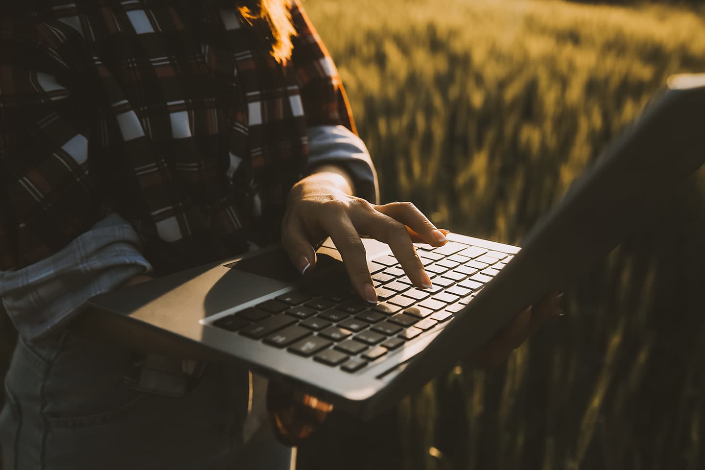 farmer in a field with a laptop