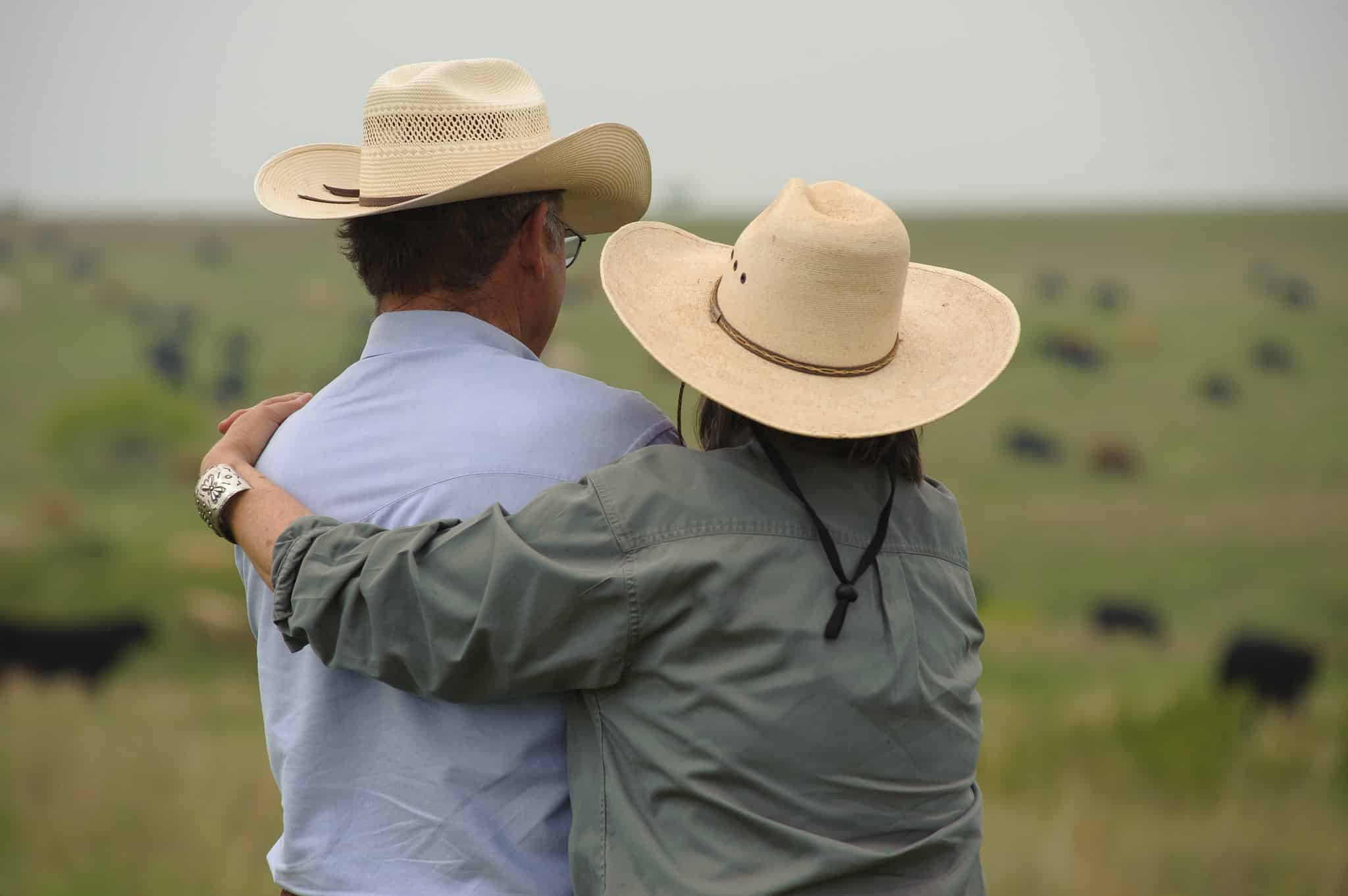 farmer couple embracing in a pasture
