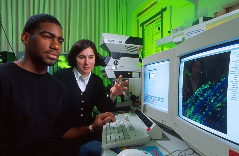 People seated in front of a desk, looking at a computer screen