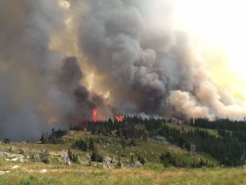 a landscape with a forest fire burning and large clouds of smoke rising into the sky