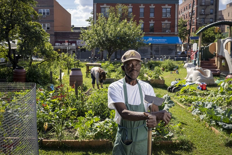 a man poses holding a hoe in front of an urban farm