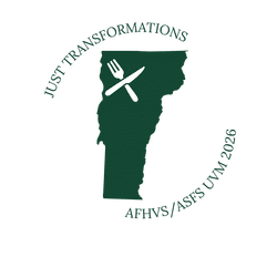 Just Transformations Conference logo with shape of Vermont with crossed knife and fork over it