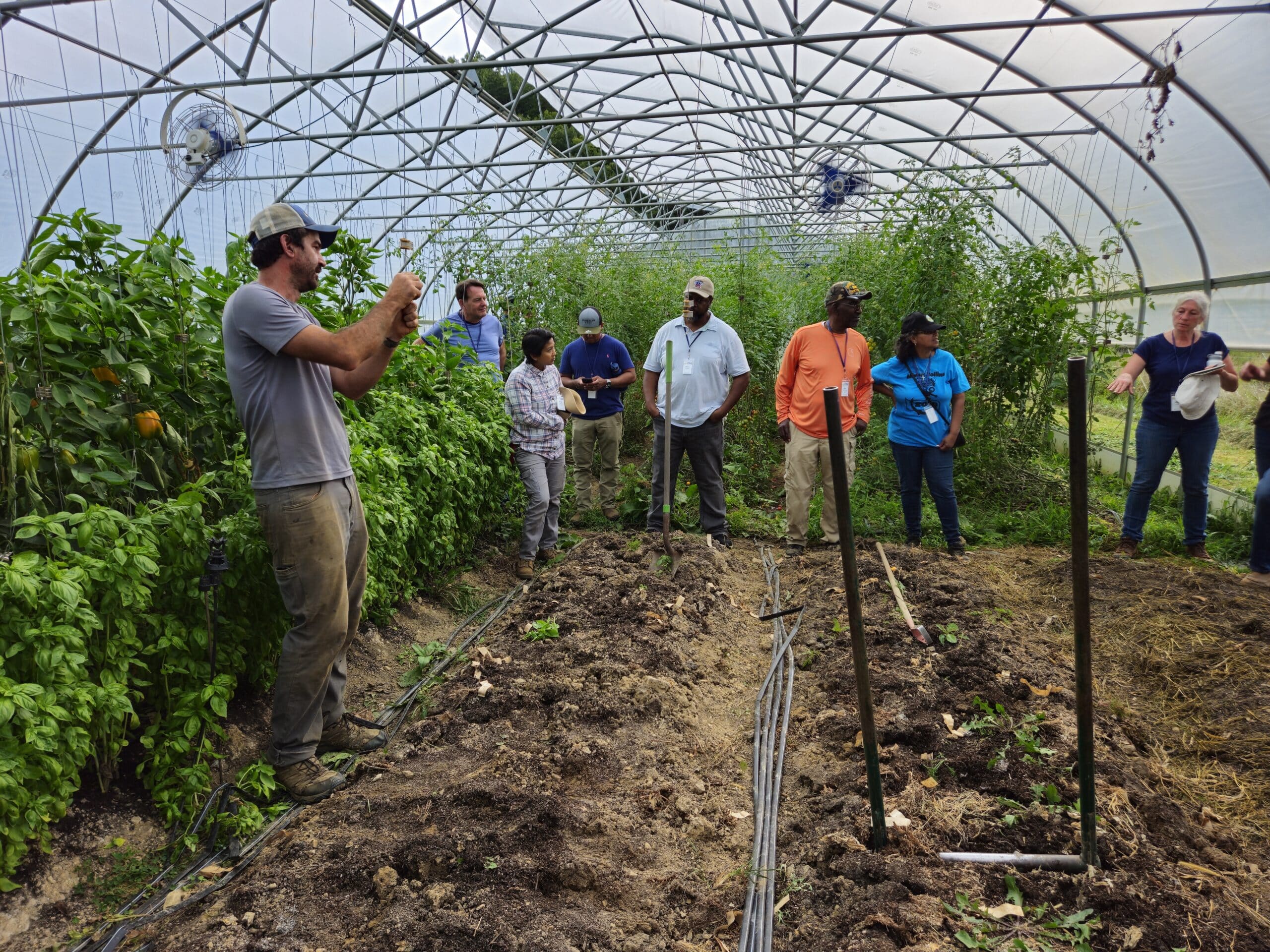 people stand in a high tunnel with plants, listening to someone speaking