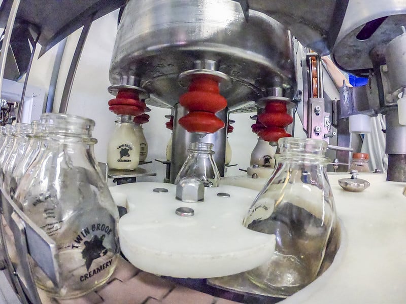 dairy bottling equipment fills milk bottles