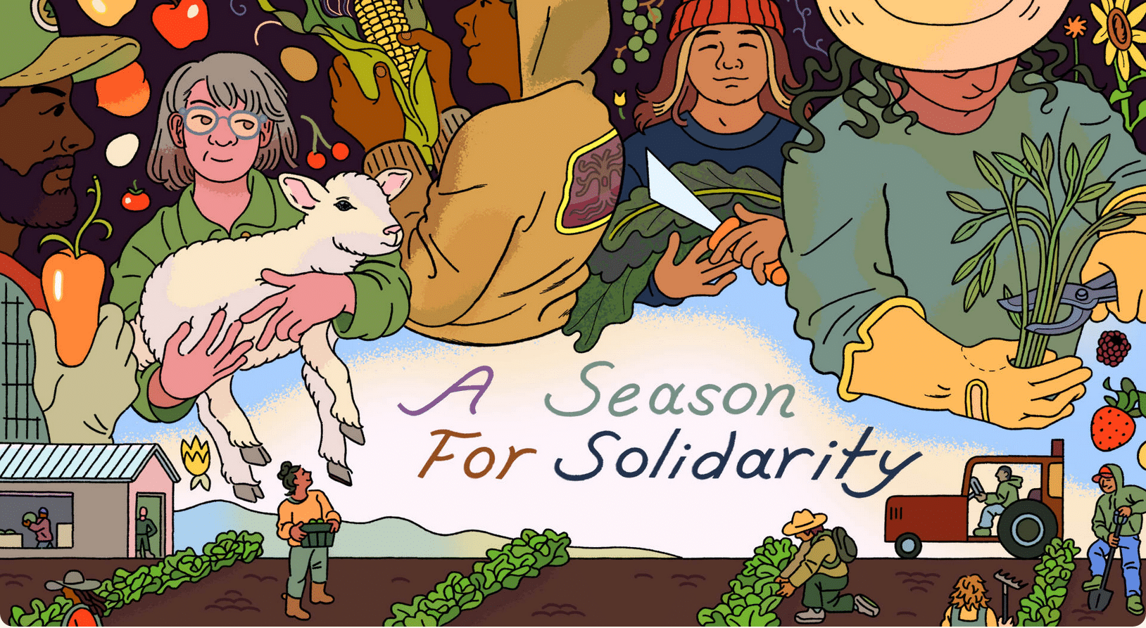 Cover of A Season for Solidarity, with drawings of diverse agriculture workers