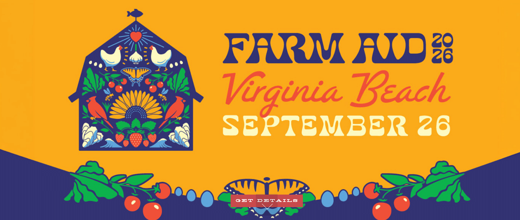 Farm Aid 2026, September 26 ,Virginia Beach, with graphic of colorful drawing of barn and vegetables