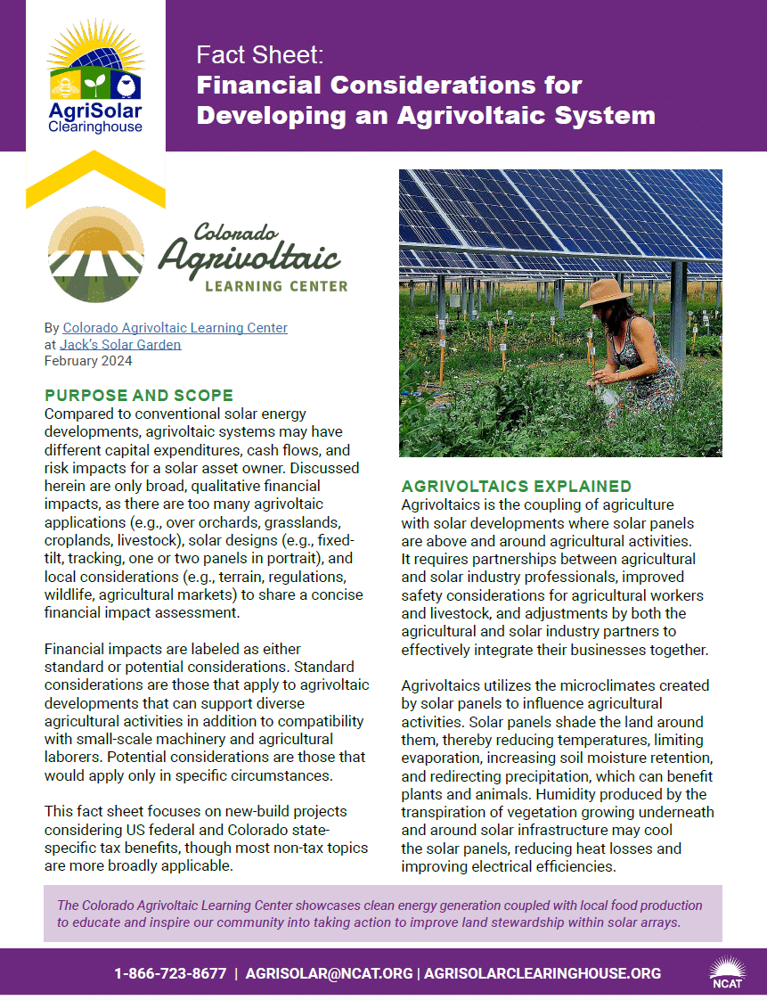 Hoja informativa: Consideraciones financieras para el desarrollo de un sistema agrivoltaico (portada)